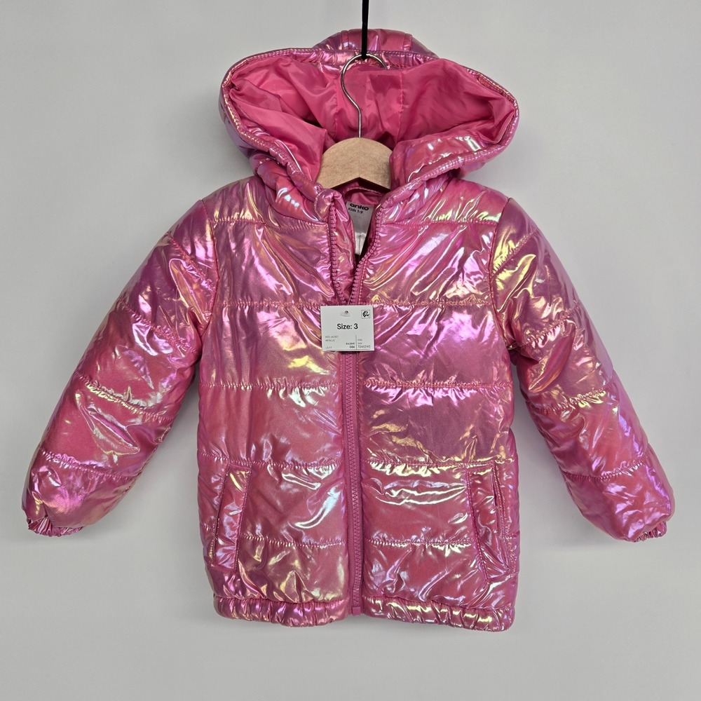 Anko Puffer Jacket Kids Size 3 Pink Metallic Iridescent Hooded Winter Coat NEW